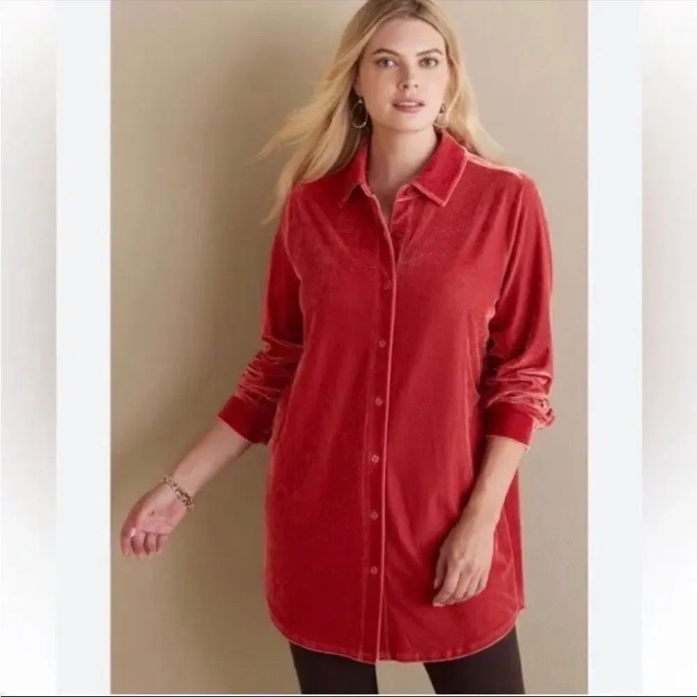 Soft Surroundings Boyfriend Velvet Button Closure Tunic Shirt Contemporary Boho